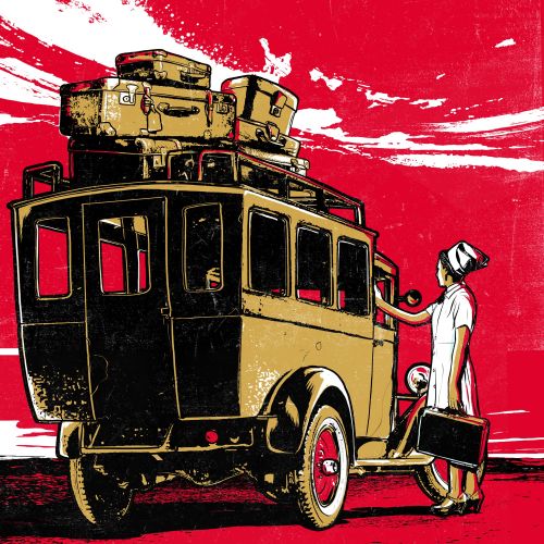 Woman with luggage boarding vintage bus illustration by Davi Augusto