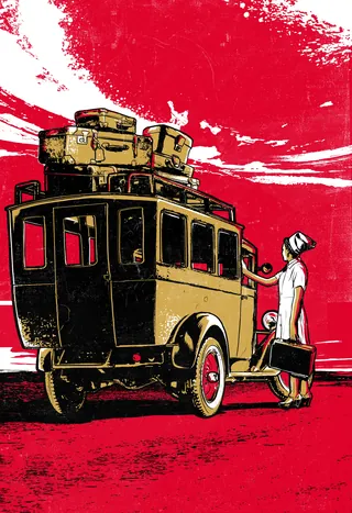 Woman with luggage boarding vintage bus illustration by Davi Augusto