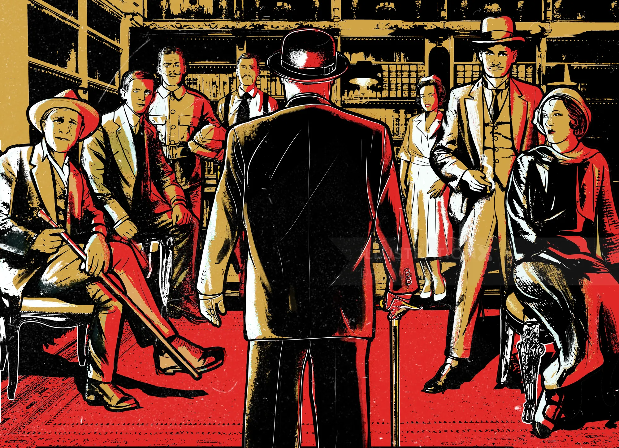 Vintage gangster group in a library scene with man standing, by Davi Augusto
