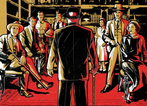 Cena vintage de um grupo de gângsteres em uma biblioteca, com um homem em pé, por Davi Augusto