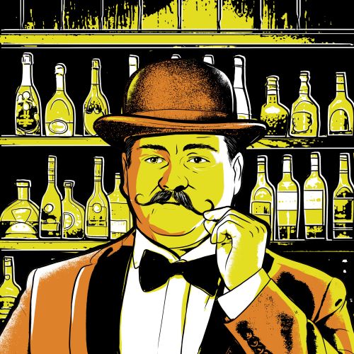 Vintage gentleman wearing bowler hat and bow tie smoking cigarette by bar shelves by Davi Augusto