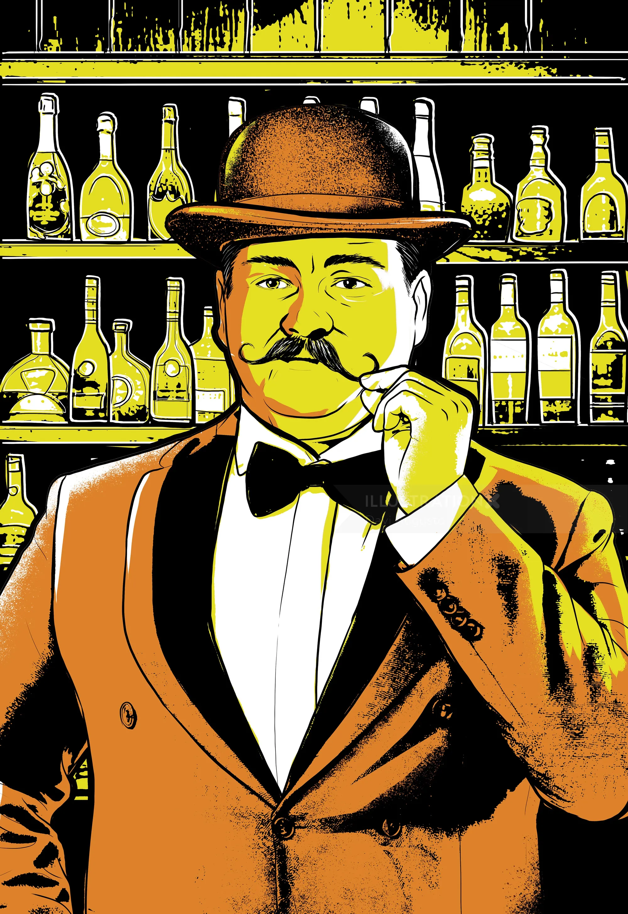 Vintage gentleman wearing bowler hat and bow tie smoking cigarette by bar shelves by Davi Augusto