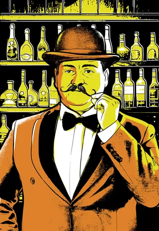 Vintage gentleman wearing bowler hat and bow tie smoking cigarette by bar shelves by Davi Augusto