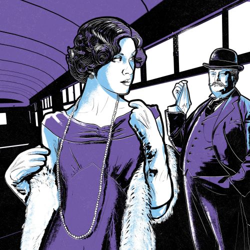 Vintage-dressed woman and man inside train compartment by Davi Augusto