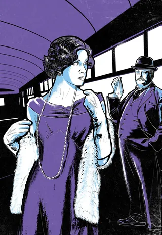 Vintage-dressed woman and man inside train compartment by Davi Augusto