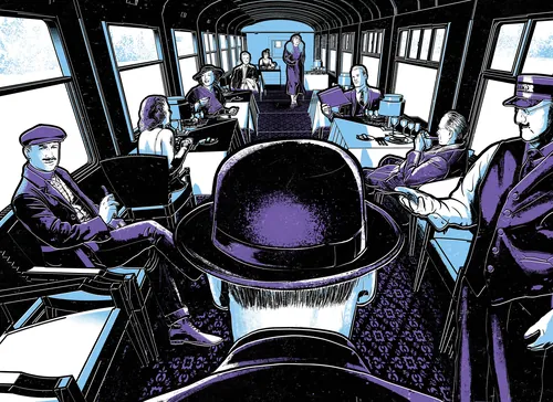 Interior de vagão de trem antigo com passageiros, incluindo um homem de chapéu-coco, por Davi Augusto
