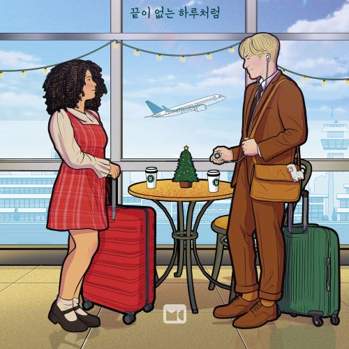 Man and woman with suitcases in airport terminal by window, airplane outside, by Davi Augusto