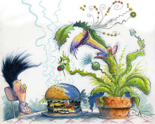 Children illustration of a boy with burger