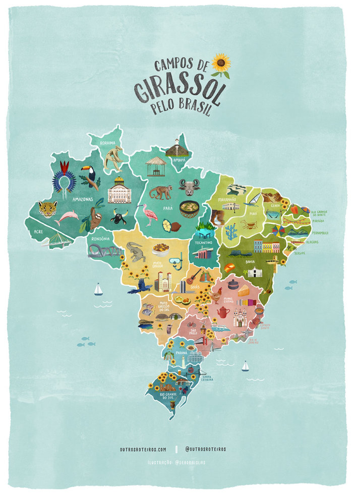 Ilustração do mapa Campos De Girassol Pelo Brasil