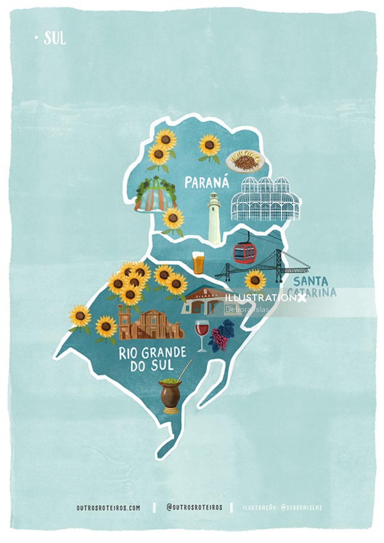 ブラジル南部地域の地図イラスト