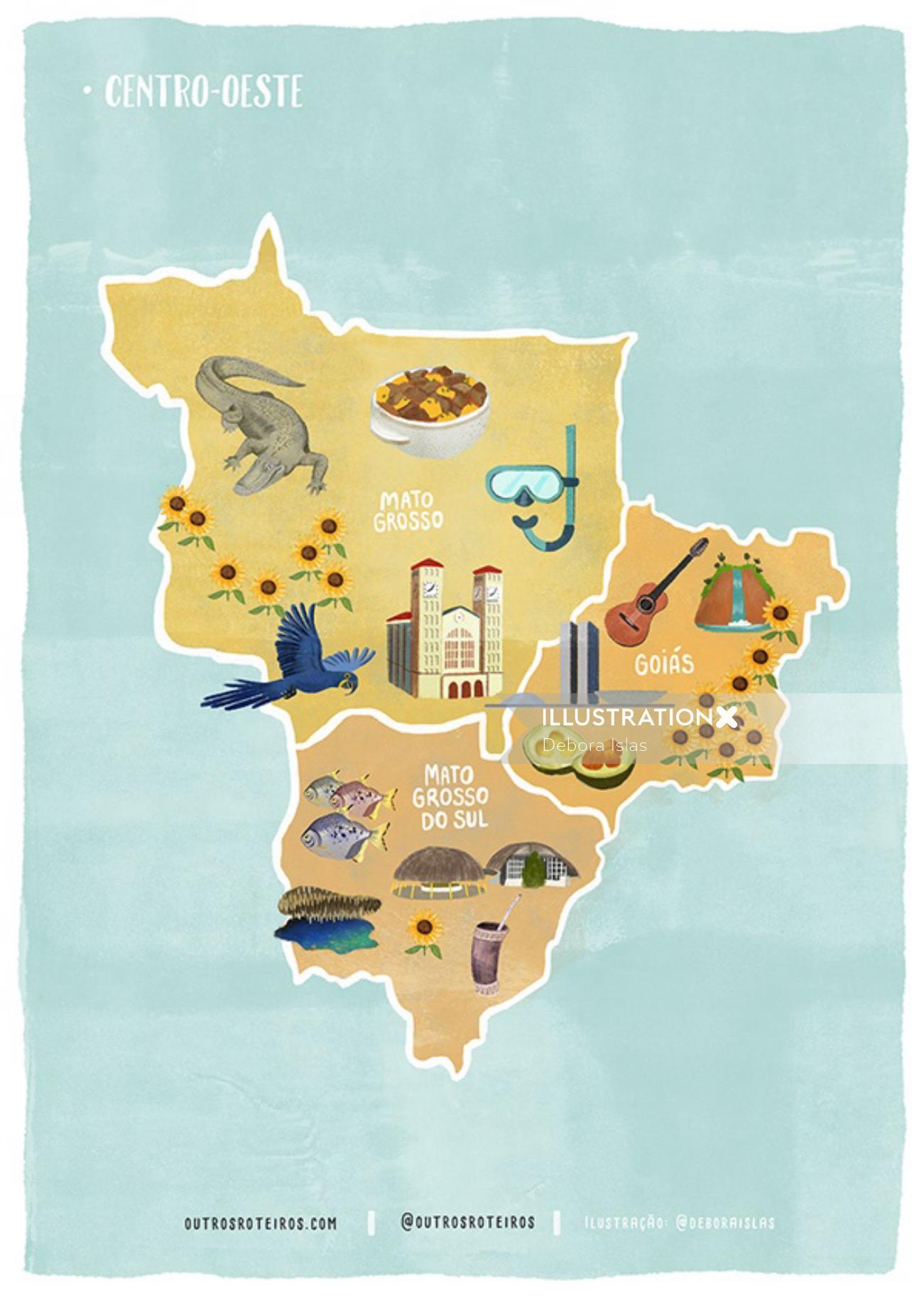 ブラジル中西部地域の地図イラスト