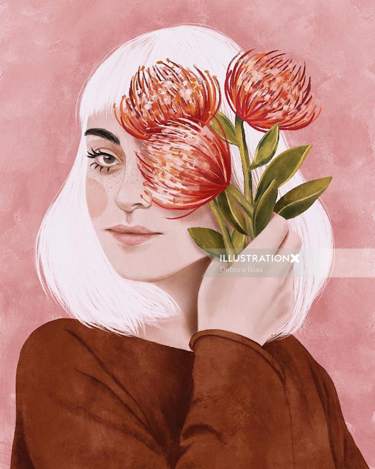 花の女性の肖像画のイラスト