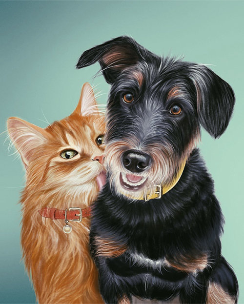 Pintura digital de una amistad entre perros y gatos.