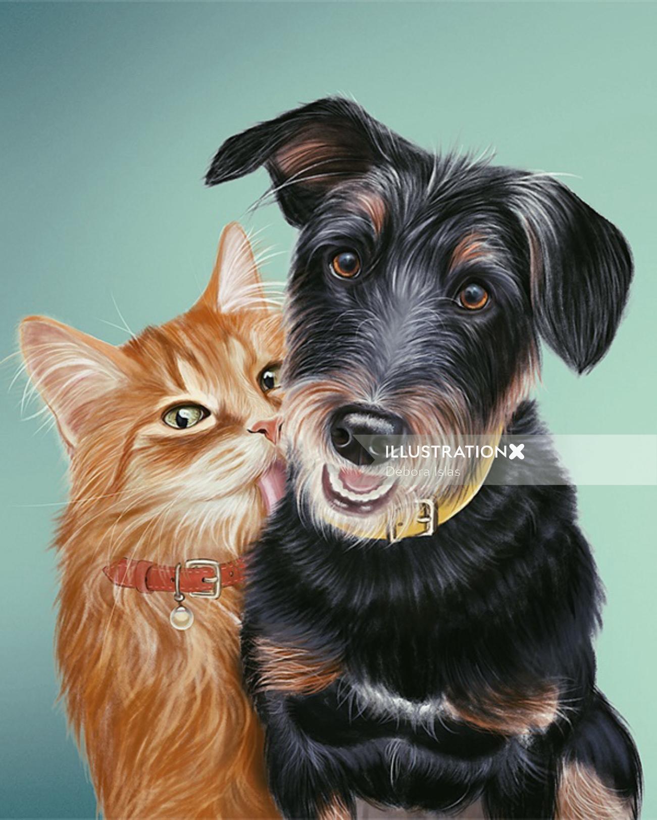 Digital painting of a Dog and Cat friendship