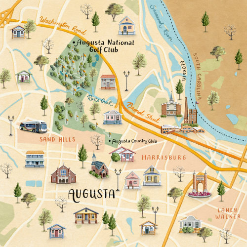 Ilustración del mapa de Augusta para la revista Golf