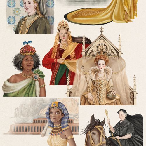 Collage of historical women figures in traditional and royal clothing by Debora Islas