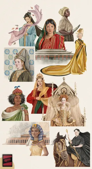 Collage of historical women figures in traditional and royal clothing by Debora Islas