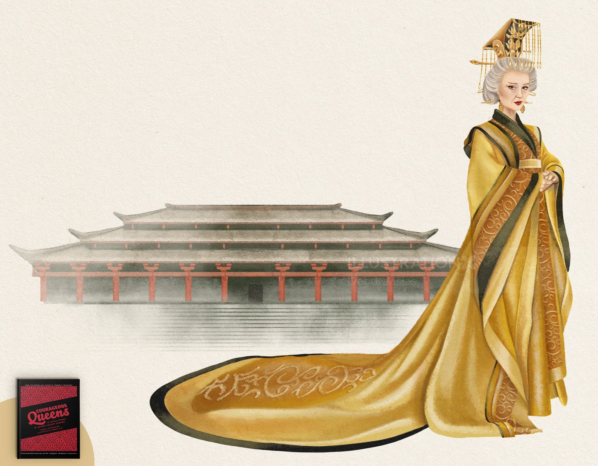 Regal woman wearing golden traditional robe and ornate headdress by Debora Islas