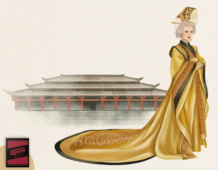 Regal woman wearing golden traditional robe and ornate headdress by Debora Islas