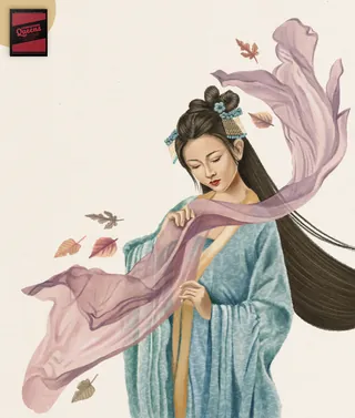 Serene Asian woman with flowing scarf and autumn leaves by Debora Islas