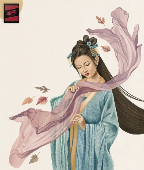 Serene Asian woman with flowing scarf and autumn leaves by Debora Islas
