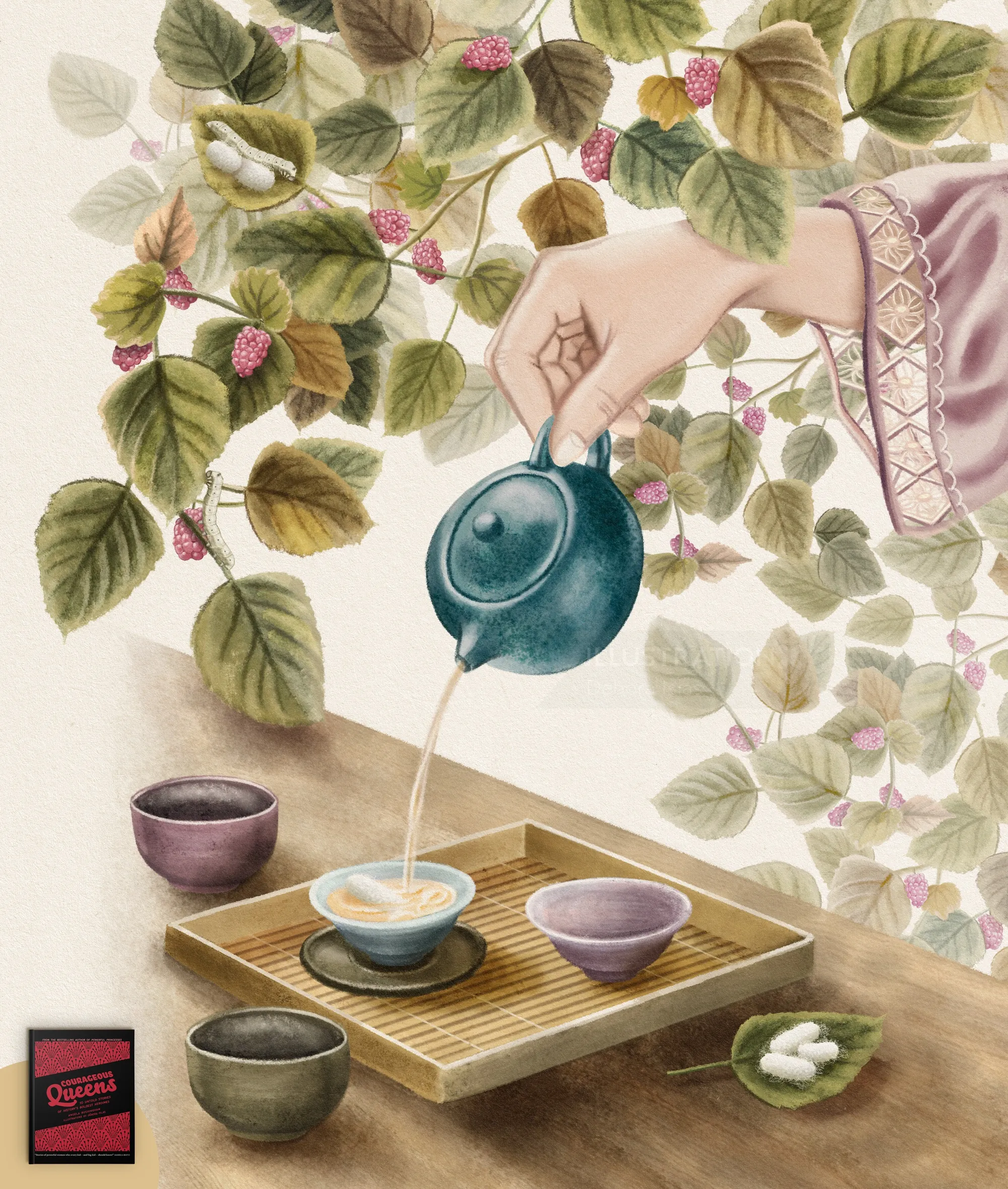 Hand pouring tea with blue teapot and mulberry leaves by Debora Islas