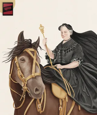 Regal woman on horseback holding golden scepter by Debora Islas