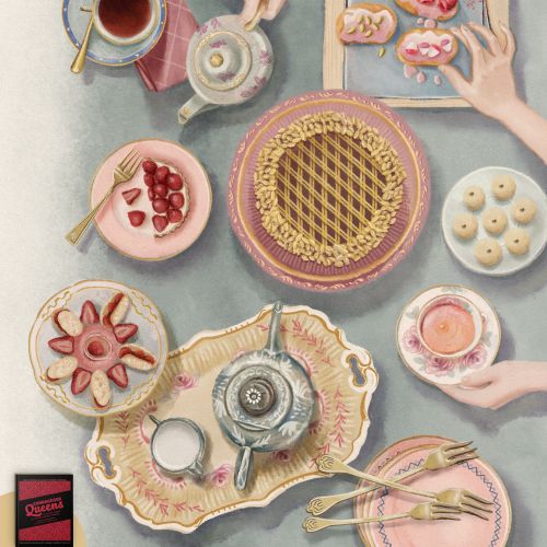 Overhead view of tea set and pastries on table by Debora Islas