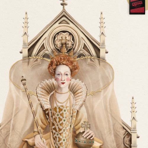 Elizabethan queen seated on throne holding scepter and orb, artwork by Debora Islas
