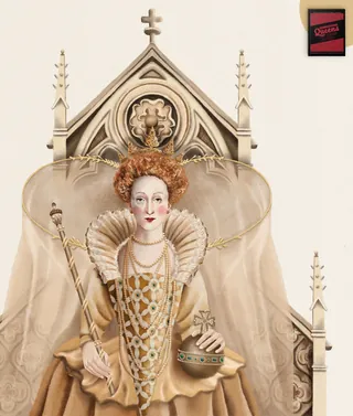 Elizabethan queen seated on throne holding scepter and orb, artwork by Debora Islas