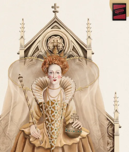 Elizabethan queen seated on throne holding scepter and orb, artwork by Debora Islas
