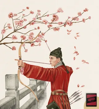 Woman in red traditional outfit aiming bow beneath pink cherry blossoms, by Debora Islas