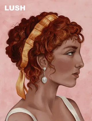 Portrait of woman with curly hair, golden ribbon, and pearl earring by Debora Islas