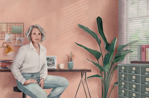 Woman sitting in home office with plants and shelves by Debora Islas