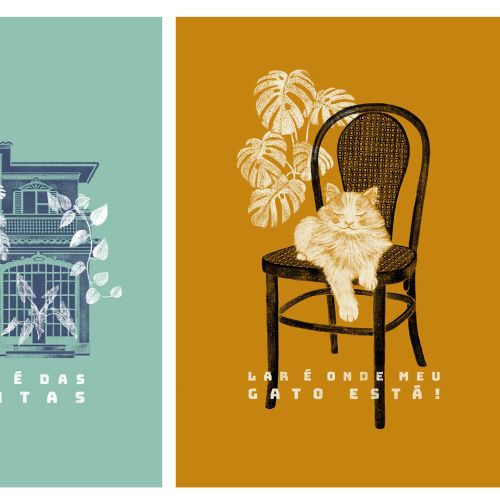 Three artistic panels showing coffee maker steam, house with plants, and chair with flowers by Debor