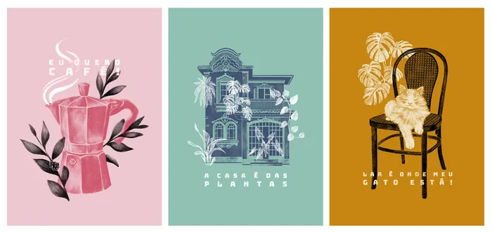 Three artistic panels showing coffee maker steam, house with plants, and chair with flowers by Debor