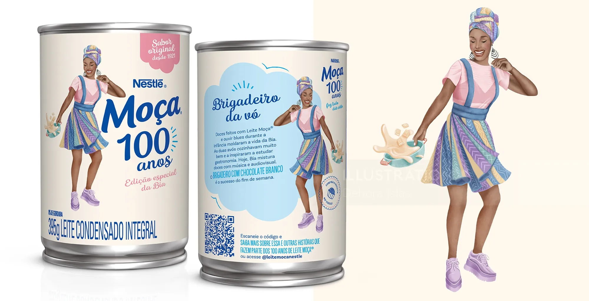 Ilustração da embalagem do leite condensado Mococa, comemorando 100 anos, por Debora Islas