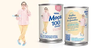Nestlé Moca 100 years coffee cans with a woman in glasses and casual clothes by Debora Islas