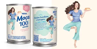 Nestlé Moça condensed milk cans with woman in blue pajamas illustration by Debora Islas