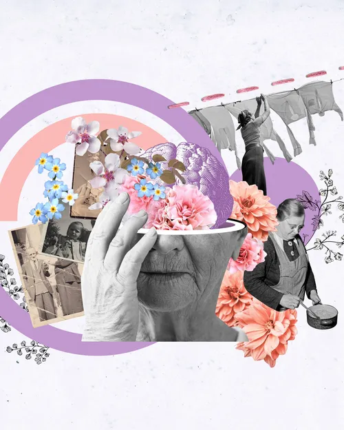 Surreal collage of elderly woman with cup and flowers by Debora Islas