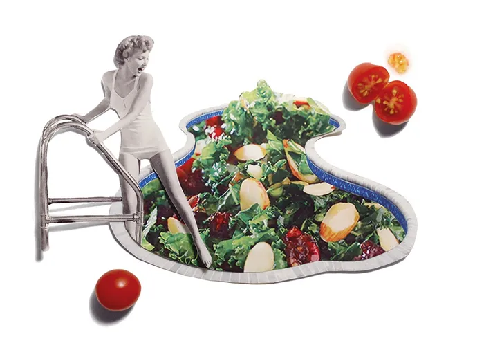 Surreal image of a woman sitting by a pool-shaped salad with tomatoes, artwork by Debora Islas