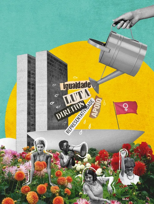 Collage with activism symbols, flowers, and words illustrating equality and rights by Debora Islas