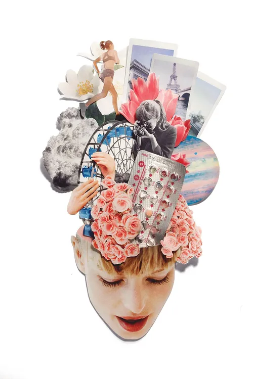 Surreal collage of a woman's face with flowers and abstract imagery, artwork by Debora Islas