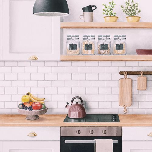 Minimalist kitchen with wooden shelves, glass jars, fruit bowl, and stovetop, by Debora Islas