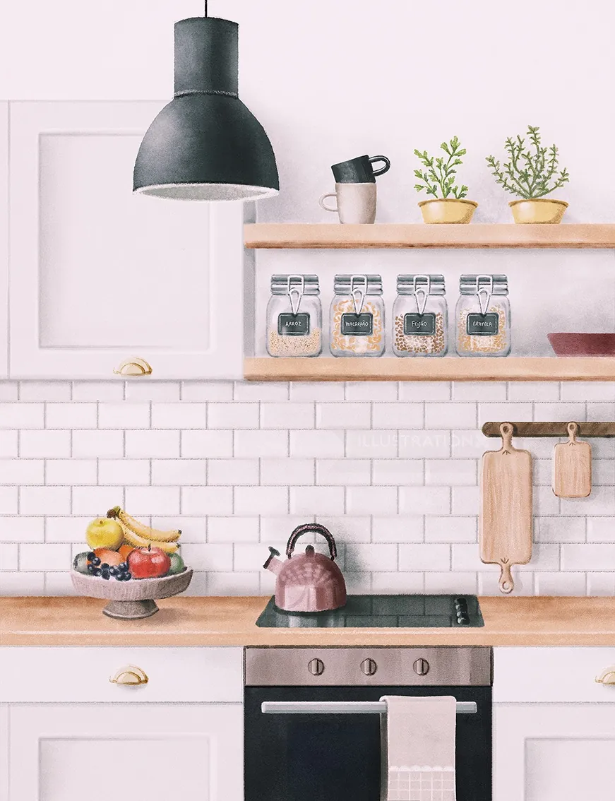 Minimalist kitchen with wooden shelves, glass jars, fruit bowl, and stovetop, by Debora Islas
