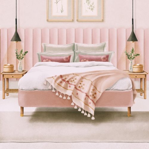 Cozy pink upholstered bedroom with pillows, blanket, and framed wall art by Debora Islas