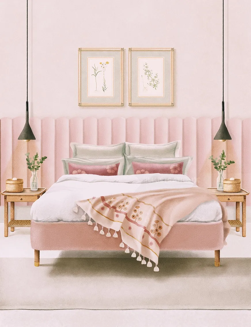 Cozy pink upholstered bedroom with pillows, blanket, and framed wall art by Debora Islas