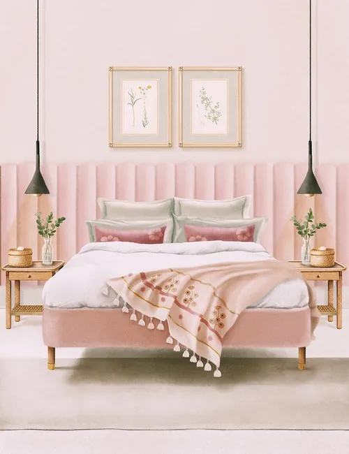 Cozy pink upholstered bedroom with pillows, blanket, and framed wall art by Debora Islas