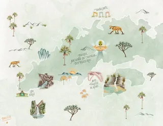Watercolor map with tropical animals and plants by Debora Islas