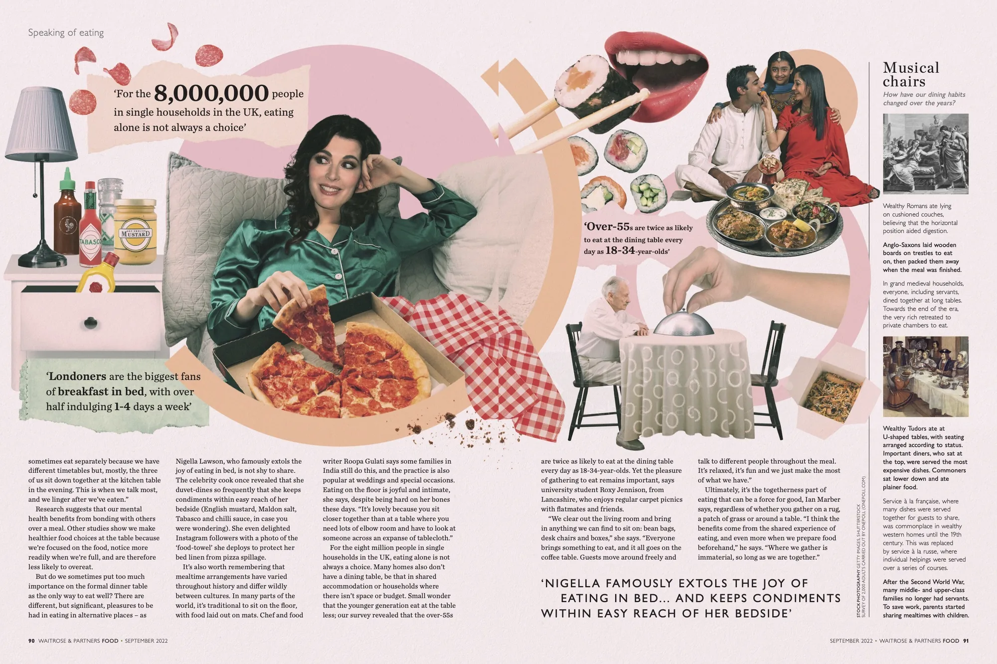 Farbenfrohe Lifestyle-Illustration von Debora Islas mit einer Frau, Pizza und Musikmotiven